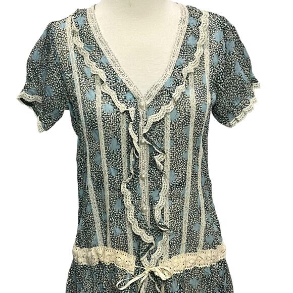 Y2K 213 Industry Dress M Green Floral Ruffled Lace Semi Sheer Boho Coquette - Picture 3 of 16